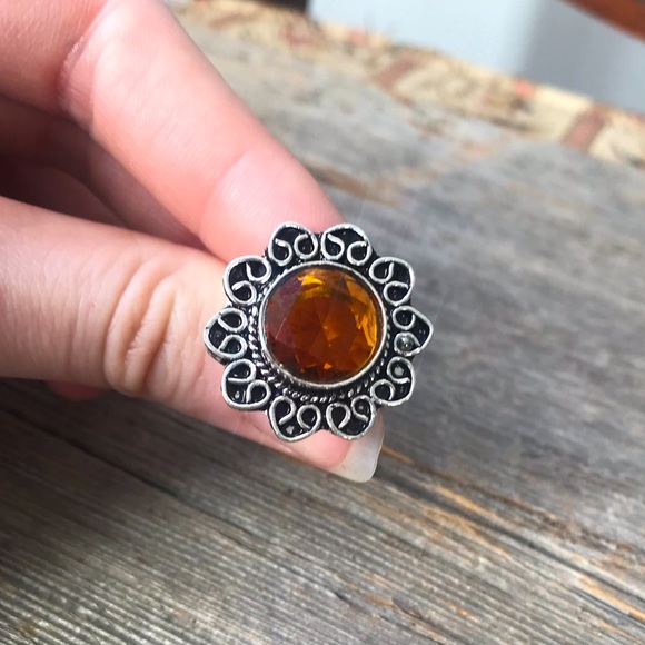 Sterling silver plated golden yellow quartz cocktail ring oval scrollwork boho - Picture 4 of 9